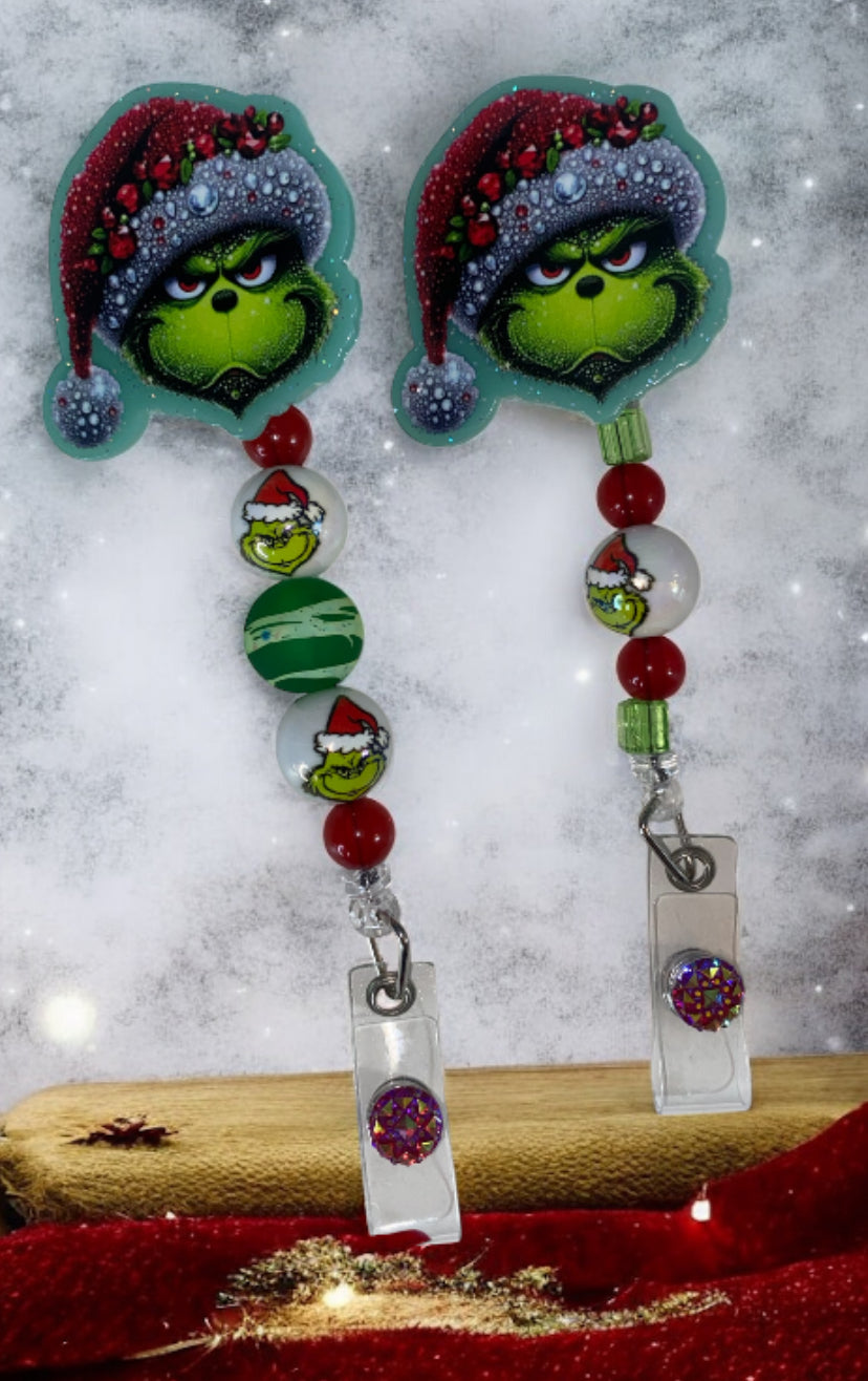 Grinch Santa Hat Badge Reel