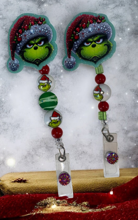 Grinch Santa Hat Badge Reel